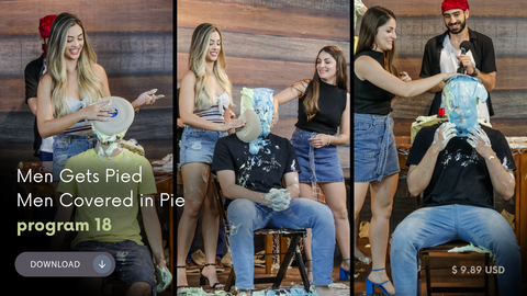 Guys take pies in the face from a girls in game show