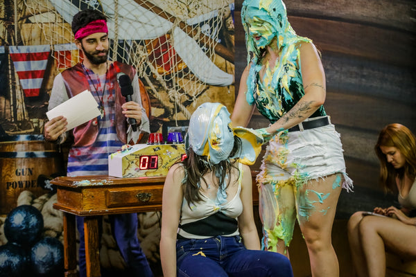 Brunette takes 30 pies and slimed |"Pie Storm & Slime Finale!"- Andreza vs Julia - program 11