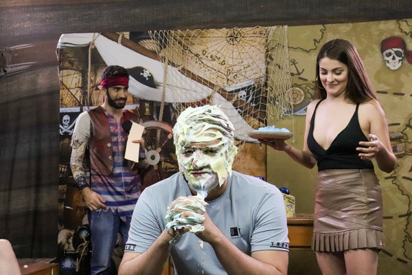 Two handsome guys take several pies in the face - guys pied by girls [Program 13 Pie challenge]