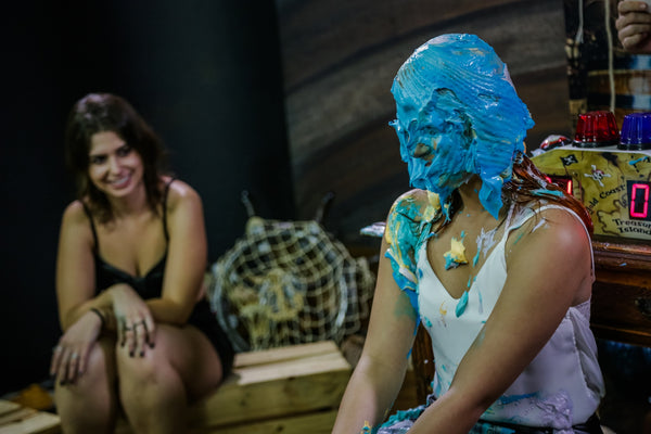 Redhead lawyer and brunette architect taking several pies in the face (girls getting pied and slimed redhead) - Pamela vs Anna Program 10