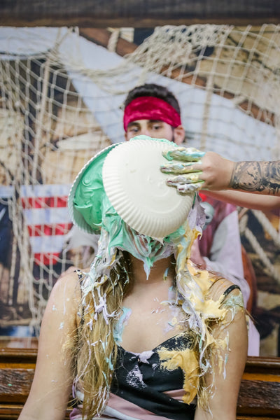 Two hot girls having lots of pies in their faces and being totally covered - Nathy vs Mari, Program 09