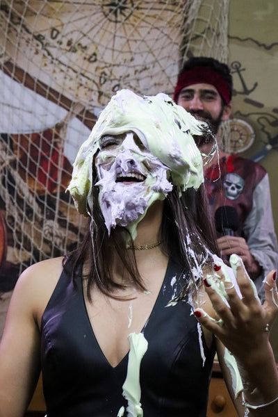Brunette and blonde takes several pies on the pirate deck + slimed (Kau vs Tati) - pie challenge Program 13 [33 minutes] FullHD