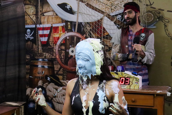 Brunette and blonde takes several pies on the pirate deck + slimed (Kau vs Tati) - pie challenge Program 13 [33 minutes] FullHD