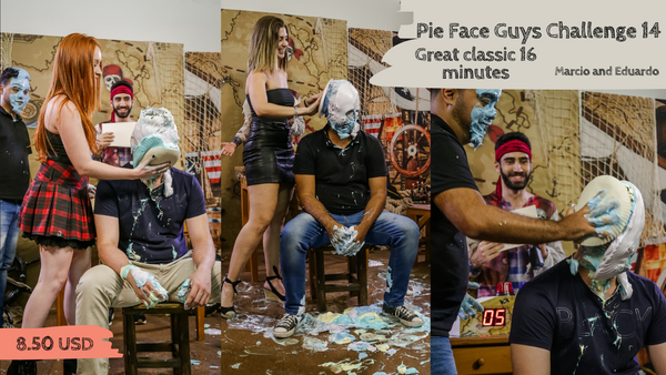 Pie Face Guys Challenge 14 [Great classic 16 minutes, men vs girls / men vs men] with Marcio and Eduardo
